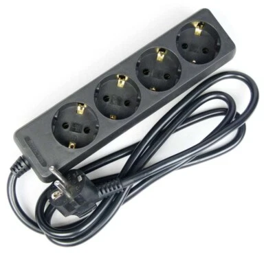 4 Way Schuko Power Strip Black Multi Plug Extension Lead 1.4m - Image 1 of 4