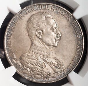 1913, Prussia, Wilhelm II. Silver 3 Mark "25th Regnal Anniv." Coin. NGC MS-64!