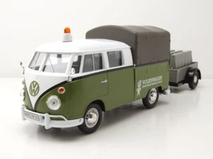 VW T1 Bus Plataforma Lona Verde Blanco con Remolque Coche Modelo 1:24 MotorMax - Imagen 1 de 9