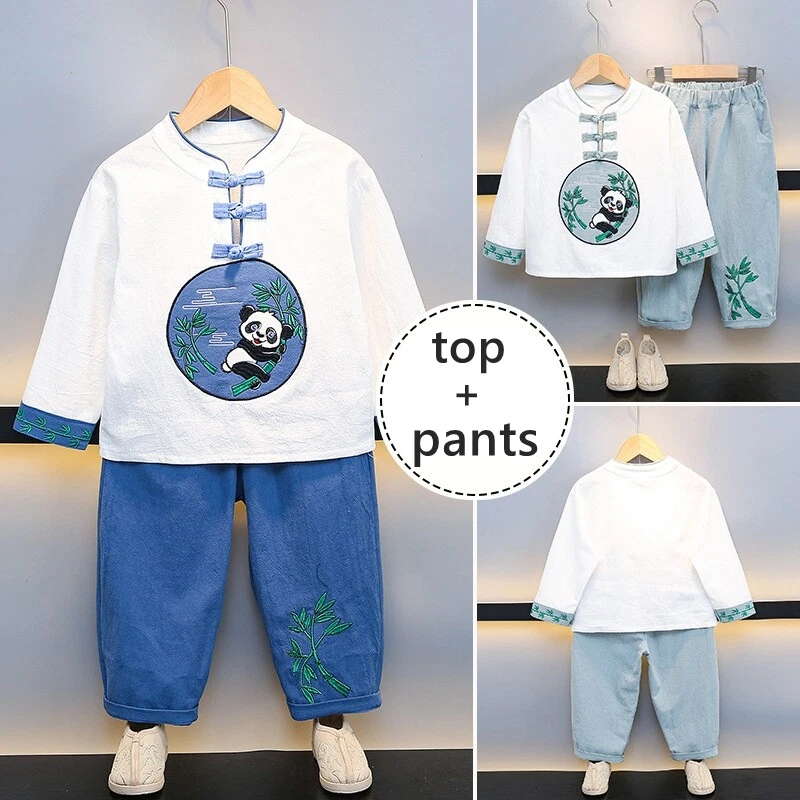 Abiti Retro Cinesi Hanfu Tang Ricamati Per Bambini Con Panda Di Bambù - Immagine 1 di 4