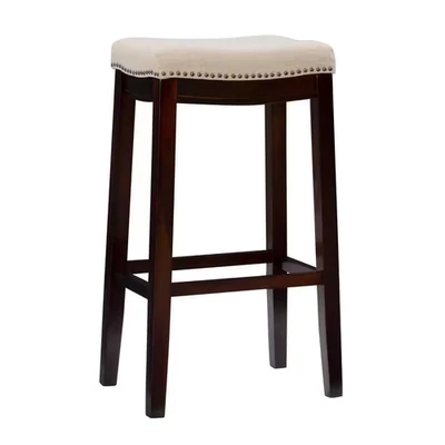 Concord 32.25 In. Dark Walnut Brown and Beige Backless Wood Bar Stool with Fa... - Image 1 of 4