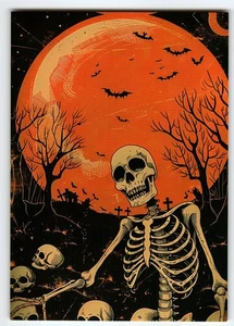 Vintage Halloween Postkarte Skelett Friedhof Fledermäuse Vollmond 5,5x4" - Bild 1 von 2