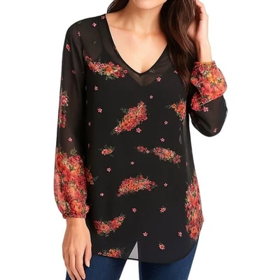 Blusa Top CAbi M Negra Transparente Floral Cuello en V Manga Larga Romántica Femenina Boho Foto 1 de 4