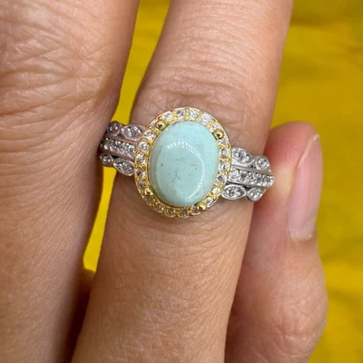 925 Sterling Silver Ring 7x5mm Natural Turquoise Gemstone Zircon Blue Jewelry - Image 1 of 4