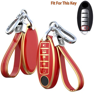 Red TPU Car Smart Key Fob Cover Case Chain Holder For Nissan Infiniti 5 Button - Image 1 of 4