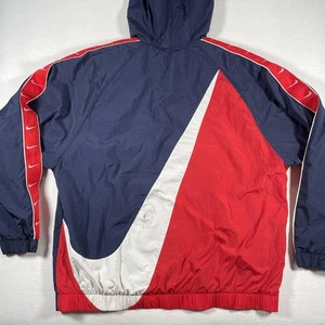Nike Jacket Mens XL Navy Red Hooded Big Swoosh Anorak 1/4 Zip Windbreaker - Picture 1 of 15