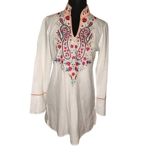 Tasha Polizzi Embroidered Tunic White Pull-On Red Orange Mandarin Collar Boho S - Picture 1 of 8