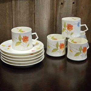 Mikasa Just Flowers Bone China Set of 5 Coffee Cups + Saucers Japan Huge Set EUC - Picture 1 of 8