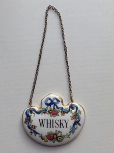Vintage Staffordshire Porzellan floral fein WHISKY Dekanter Etikett Messing Kette - Bild 1 von 10