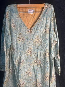 FabIndia Slim Fit XL Floral Print Cotton Kurta Tunic – Blue Green - Bild 1 von 5