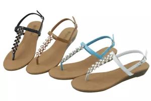 Sunville Damen T-Riemen Keilabsatz Tanga Sandalen mit Strass Blumen Dekor - Bild 1 von 5