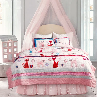 2 pcs Set Pink Floral Cute Cat Handmade Twin Size Bedspread Quilt Coverlet - Image 1 of 4