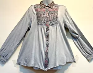 Nwt FUNKY STUFF patch gray boho embroidery knit cotton BLOUSE TOP XL Free shipp - Picture 1 of 5
