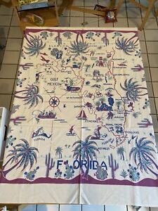 Vintage Printed Linen FLORIDA MAP tablecloth w/Patented Design 52 x 45”