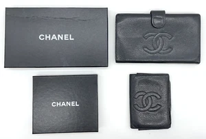 Auth Chanel Decacoco Pattern Leather Black Card Case/Wallet W/Box Set2 NS050788 - Picture 1 of 24