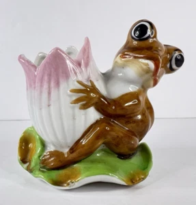 Porcelain Frog On Green Lily Pad Vtg. Pink Flower Occupied Japan Hand Painted - Picture 1 of 15