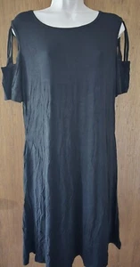 Thanth Large Black Cold Shoulder Short Sleeve Dress Pockets Stretch Casual Rayon - Picture 1 of 7