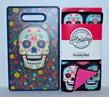 Day of the Dead Sugar Skull Halloween Dish Drying Mat and Cutting Board Set