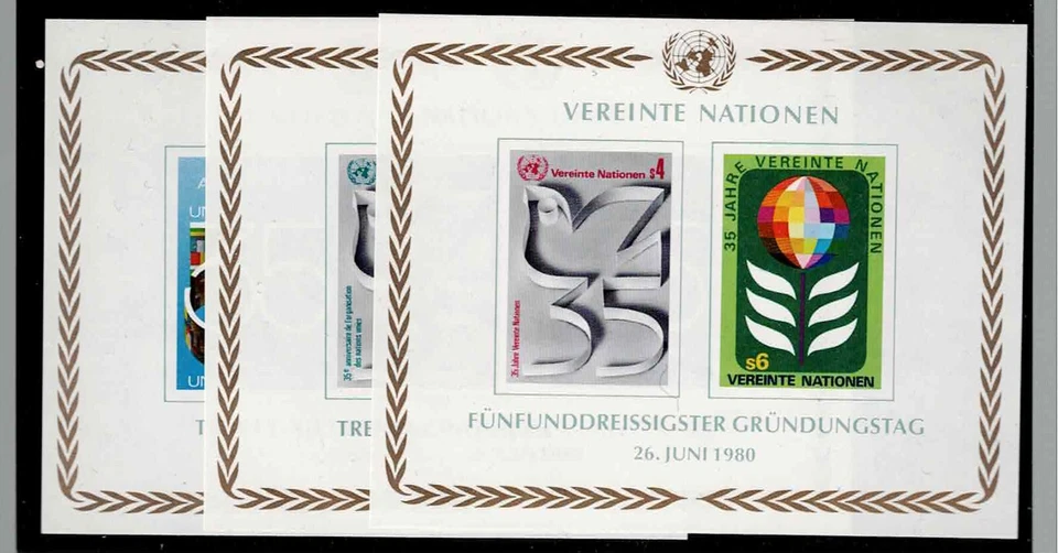 UN Scott #NY 324, Geneva 95 & Vienna 14, Souvenir Sheets 1980 Complete FVF MNH - Image 1 of 1