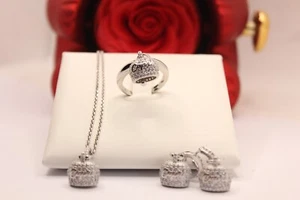 CIONDOLO ORECCHINI ANELLO CAMPANA CAPRI STYLE ARGENTO MM 12X21X8 ZIRCONI BIANCHI - Picture 1 of 18