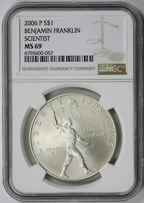 2006-P Benjamin Franklin Scientist Silver Modern Commemorative $1 MS 69 NGC - Image 1 of 4
