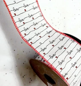 Valentine Red Hearts Love 2.5 by 5 yd Wire Ribbon Love on Black Lines d. Stevens - Picture 1 of 5