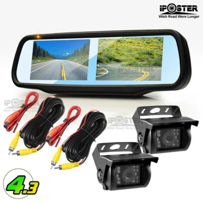 4.3" Dual Screen Monitor+2x 18 IR Waterproof CCD Color Backup Camera For Truck - Image 1 of 4