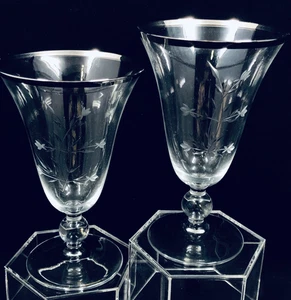 Reizart Kingsley Crystal Water Goblets Pair (2) 6 1/8" Platinum Rim Stem #1008 - Picture 1 of 8