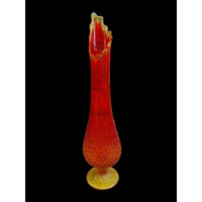 Jarrón vintage de vidrio rojo naranja Hobnail acanalado superior trompeta arte vidrio Foto 1 de 4