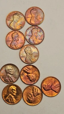  1959D & 1969 LINCOLN CENT RAINBOW TONED PENNY'S BU PURPLE/BLUE UNC LOT 10  - Image 1 of 4