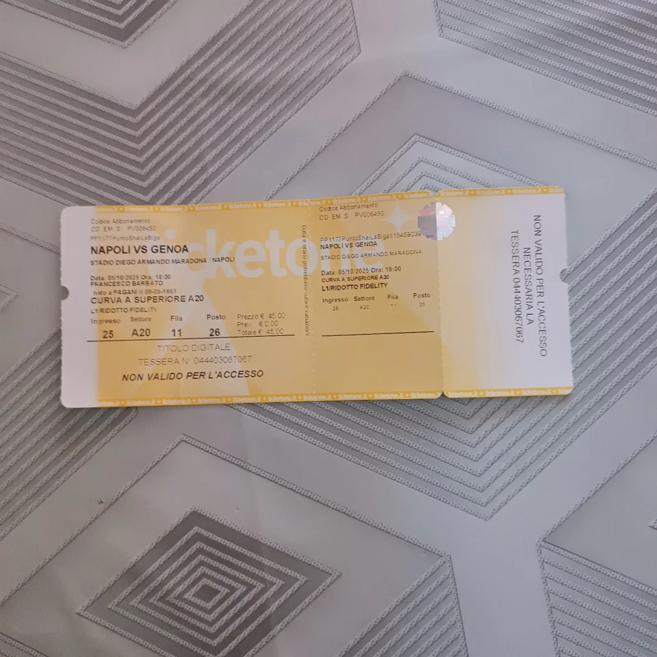 BIGLIETTO " NAPOLI-GENOA " - 05/10/ 2025 - CURVA A SUPERIORE A 20 - USATO - - Immagine 1 di 1