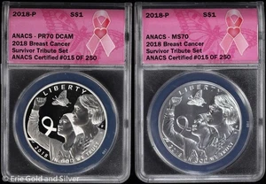 2018-P Breast Cancer Survivor Silver Dollar 2-Coin Set ANACS MS & PR 70 DCAM - Picture 1 of 10