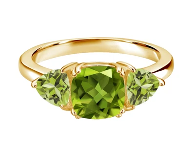 925 Silver Yellow Gold Plated 2.64 Ct Green Peridot Three Stones Engagement Ring - Image 1 of 4