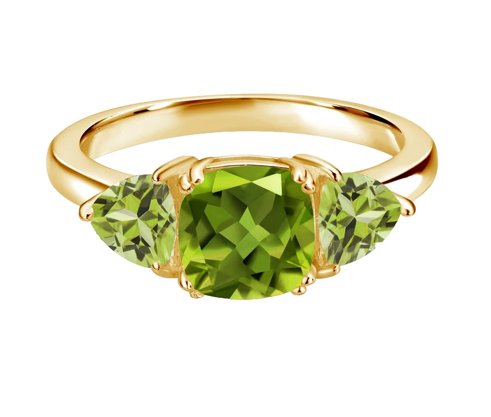 925 Silver Yellow Gold Plated 2.64 Ct Green Peridot Three Stones Engagement Ring - Image 1 of 4