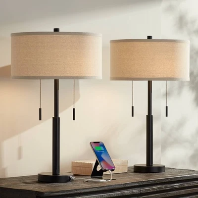 Промышленные настольные лампы Bernie высота 25 дюймов набор из 2 бронзовых с USB-портом для спальни - Изображение 1 из 4