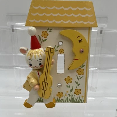 Vintage Irma Wood 3D Light Switch Plate Nursery Guitar Moon Floral Yellow USA - Image 1 of 4