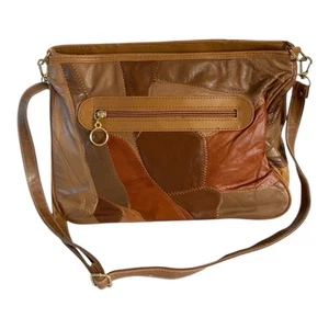 Vintage Patchwork Leather Shoulder Bag Crossbody Purse Brown Tan Boho Retro - Picture 1 of 7