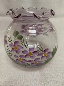 Purple Transparent Fluted Glass Fish Bowl Vase w/ Handpainted Violet Flowers 4x3 - Picture 1 of 6