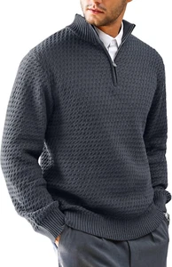 Men'S Quarter Zip Sweater Jumper Turtleneck Mock Neck Pullover Ribbed Knit Casua - Picture 1 of 7