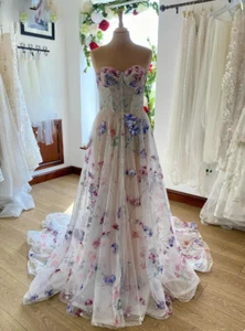 Illusion ärmellose Hochzeitskleider A-Linie Sweetheart Blumendruck Boho Country - Bild 1 von 10