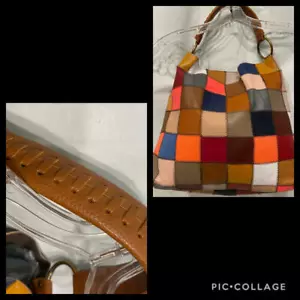NEU OHNE ETIKETT PATCHWORK LEDER Quadrate MULTI-coLORED hell HOBO Slouch Handtasche groß - Bild 1 von 12