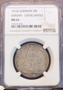 1913 GERMANY SILVER 3 MARK SAXONY LEIPZIG BATTLE NGC MS 65 NICE GEM BU - Picture 1 of 3