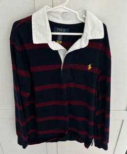 Polo Ralph Lauren kids boy size Medium 10-12 blue stripe rugby long sleeve polo - Picture 1 of 2