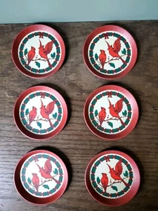 Vintage Set of 6 Metal Tin Christmas Coasters Red Cardinals Drink 3.5" - Picture 1 of 10
