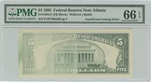 1995 $5 FRN PMG 66 EPQ Insufficient Inking Error Gem Uncirculated Atlanta - Picture 1 of 2