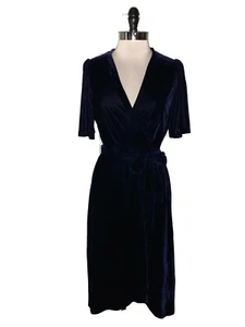 DONNA MORGAN Size 12 Faux Wrap Dress Blue Stretch Velvet Short Sleeve High Low - Picture 1 of 4