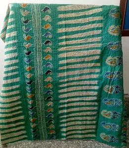 Vintage Beige Bird Print Kantha Quilt Bedspread Bedding Throw Cotton Blanket Art - Picture 1 of 2