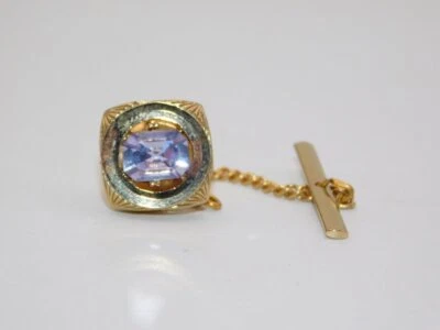 C225-VINTAGE TIE PIN~GOLD TONE/PURPLE STONE~1/2" WIDE - Image 1 of 3