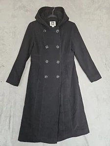 Anne Klein Coat Women Black Wool Blend Hooded Double Breasted Lined Size 10P EUC - Picture 1 of 16