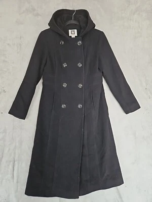 Abrigo Anne Klein Mujer Negro Mezcla Lana Con Capucha Doble Pecho Forrado Talla 10P Usado en Excelente Condición Foto 1 de 4